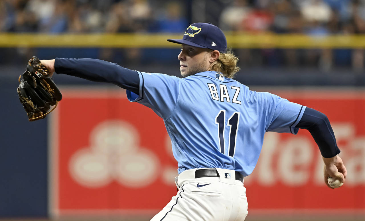 Tampa Bay Rays starter Shane Baz pitches against the Miami Marlins during the sixth inning of a bas...