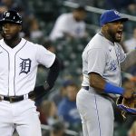 
              Kansas City Royals third baseman Hanser Alberto, right, reacts after a review of a tag play on Detroit Tigers' Akil Baddoo, left, was overturned to an out on Baddoo during the sixth inning of a baseball game Saturday, Sept. 25, 2021, in Detroit. (AP Photo/Duane Burleson)
            