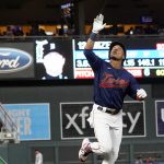 
              Minnesota Twins' Jorge Polanco celebrates his three-run home run off Detroit Tigers pitcher Casey Mize in the first inning of a baseball game, Wednesday, Sept. 29, 2021, in Minneapolis. (Photo by Jim Mone)
            