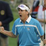 
              FILE - Europe's Ian Poulter reacts after his putt on the 18th hole during a four-ball match at the Ryder Cup golf tournament at the Valhalla Golf Club, in Louisville, Ky., in this Saturday, Sept. 20, 2008, file photo. (AP Photo/Chris O'Meara, File)
            