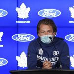 
              Toronto Maple Leafs forward William Nylander wears a protective mask as he speaks to the media at the NHL hockey team's training camp in Toronto, Wednesday, Sept. 22, 2021. (Nathan Denette/The Canadian Press via AP)
            