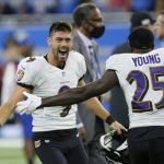 
              Baltimore Ravens kicker Justin Tucker (9) celebrates with Tavon Young (25) after kicking a 66-yard field goal in the second half of an NFL football game against the Detroit Lions in Detroit, Sunday, Sept. 26, 2021. Baltimore won 19-17. (AP Photo/Duane Burleson)
            