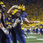 
              Michigan running back Blake Corum (2) celebrates a touchdown with teammates during the fourth quarter of an NCAA college football game against Washington in Ann Arbor, Mich., Saturday, Sept. 11, 2021. (AP Photo/Tony Ding)
            