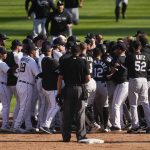 
              Detroit Tigers and Chicago White Sox benches clear in the ninth inning of a baseball game in Detroit, Monday, Sept. 27, 2021. (AP Photo/Paul Sancya)
            