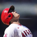 
              Los Angeles Angels' Shohei Ohtani, of Japan, reacts after he was out on a bunt-attempt during the sixth inning of a baseball game against the Oakland Athletics, Sunday, Sept. 19, 2021, in Anaheim, Calif. (AP Photo/Jae C. Hong)
            
