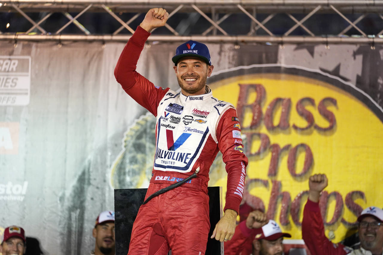 Kyle Larson celebrates in victory lane after winning a NASCAR Cup Series auto race at Bristol Motor...