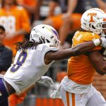 
              Tennessee wide receiver Velus Jones Jr. (1) runs the ball for a touchdown as he's hit by Tennessee Tech defensive back Jamaal Boyd (8) during the first half of an NCAA college football game Saturday, Sept. 18, 2021, in Knoxville, Tenn. (AP Photo/Wade Payne)
            