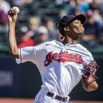 
              Cleveland Indians starting pitcher Triston McKenzie delivers against the Chicago White Sox during the first inning of a baseball game in Cleveland, Sunday, Sept. 26, 2021. (AP Photo/Phil Long)
            