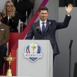 
              Team Europe captain Padraig Harrington speaks during the opening ceremony for the Ryder Cup at the Whistling Straits Golf Course Thursday, Sept. 23, 2021, in Sheboygan, Wis. (AP Photo/Jeff Roberson)
            