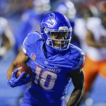 
              Boise State wide receiver Billy Bowens (18) turns upfield with the ball after a reception against Oklahoma State during the first half of an NCAA college football game Saturday, Sept. 18, 2021, in Boise, Idaho. (AP Photo/Steve Conner)
            