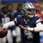
              Dallas Cowboys quarterback Dak Prescott (4) throws during the first half of an NFL football game against the Los Angeles Chargers Sunday, Sept. 19, 2021, in Inglewood, Calif. (AP Photo/Gregory Bull )
            