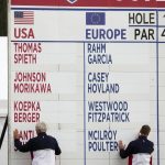 
              Friday's pairings are displayed during the opening ceremony for the Ryder Cup at the Whistling Straits Golf Course Thursday, Sept. 23, 2021, in Sheboygan, Wis. (AP Photo/Charlie Neibergall)
            