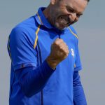 
              Team Europe's Sergio Garcia reacts after winning their foursome match the Ryder Cup at the Whistling Straits Golf Course Friday, Sept. 24, 2021, in Sheboygan, Wis. (AP Photo/Ashley Landis)
            