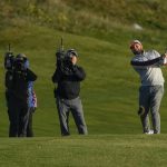 
              Team Europe's Tyrrell Hatton hits on the second hole during a foursomes match the Ryder Cup at the Whistling Straits Golf Course Saturday, Sept. 25, 2021, in Sheboygan, Wis. (AP Photo/Jeff Roberson)
            