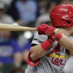 
              St. Louis Cardinals' Tommy Edman watches his RBI-single during the eighth inning of a baseball game against the Milwaukee Brewers Tuesday, Sept. 21, 2021, in Milwaukee. (AP Photo/Aaron Gash)
            