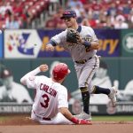 
              St. Louis Cardinals' Dylan Carlson (3) is out at second as Milwaukee Brewers second baseman Luis Urias turns the double play during the first inning of a baseball game Thursday, Sept. 30, 2021, in St. Louis. The Cardinals' Tyler O'Neill was out at first. (AP Photo/Jeff Roberson)
            