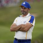
              Team Europe's Sergio Garcia reacts after missing a putt on the 11th hole during a Ryder Cup singles match at the Whistling Straits Golf Course Sunday, Sept. 26, 2021, in Sheboygan, Wis. (AP Photo/Jeff Roberson)
            