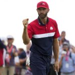 
              Team USA's Dustin Johnson reacts to his putt on the 15th hole during a Ryder Cup singles match at the Whistling Straits Golf Course Sunday, Sept. 26, 2021, in Sheboygan, Wis. (AP Photo/Charlie Neibergall)
            