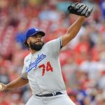 
              Los Angeles Dodgers' Kenley Jansen throws during the ninth inning of a baseball game against the Cincinnati Reds in Cincinnati, Saturday, Sept. 18, 2021. The Dodgers won 5-1. (AP Photo/Aaron Doster)
            