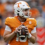 
              Tennessee quarterback Harrison Bailey (15) looks for a receiver during the second half of an NCAA college football game against Tennessee Tech, Saturday, Sept. 18, 2021, in Knoxville, Tenn. Tennessee won 56-0. (AP Photo/Wade Payne)
            