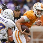 
              Tennessee quarterback Harrison Bailey (15) runs for yardage during the second half of an NCAA college football game against Tennessee Tech, Saturday, Sept. 18, 2021, in Knoxville, Tenn. Tennessee won 56-0. (AP Photo/Wade Payne)
            