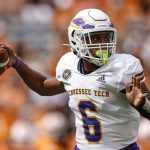 
              Tennessee Tech quarterback Willie Miller (6) throws to a receiver during the first half of an NCAA college football game against Tennessee, Saturday, Sept. 18, 2021, in Knoxville, Tenn. (AP Photo/Wade Payne)
            