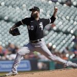 
              Chicago White Sox pitcher Dallas Keuchel throws against the Detroit Tigers in the first inning of a baseball game in Detroit, Monday, Sept. 27, 2021. (AP Photo/Paul Sancya)
            