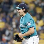SEATTLE, WASHINGTON - OCTOBER 01: Marco Gonzales #7 of the Seattle Mariners reacts after a strikeout against the Los Angeles Angels during the second inning at T-Mobile Park on October 01, 2021 in Seattle, Washington. (Photo by Steph Chambers/Getty Images)