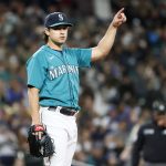 SEATTLE, WASHINGTON - OCTOBER 01: Marco Gonzales #7 of the Seattle Mariners reacts after an out during the fifth inning against the Los Angeles Angels at T-Mobile Park on October 01, 2021 in Seattle, Washington. (Photo by Steph Chambers/Getty Images)