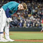 SEATTLE, WASHINGTON - OCTOBER 01: Jarred Kelenic #10 of the Seattle Mariners reacts after flying out to end the game against the Los Angeles Angels at T-Mobile Park on October 01, 2021 in Seattle, Washington. The Los Angeles Angels beat the Seattle Mariners, 2-1. (Photo by Steph Chambers/Getty Images)