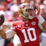 SANTA CLARA, CALIFORNIA - OCTOBER 03: Jimmy Garoppolo #10 of the San Francisco 49ers looks to throw the ball during the second quarter against the Seattle Seahawks at Levi's Stadium on October 03, 2021 in Santa Clara, California. (Photo by Ezra Shaw/Getty Images)