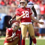 SANTA CLARA, CALIFORNIA - OCTOBER 03: Mitch Wishnowsky #18 of the San Francisco 49ers misses a field goal attempt during the second quarter against the Seattle Seahawks at Levi's Stadium on October 03, 2021 in Santa Clara, California. (Photo by Ezra Shaw/Getty Images)