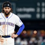 SEATTLE, WASHINGTON - OCTOBER 03: J.P. Crawford #3 of the Seattle Mariners reacts during the sixth inning against the Los Angeles Angels at T-Mobile Park on October 03, 2021 in Seattle, Washington. (Photo by Steph Chambers/Getty Images)