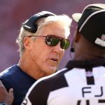 SANTA CLARA, CALIFORNIA - OCTOBER 03: Head coach Pete Carroll of the Seattle Seahawks talks with an official during the third quarter against the San Francisco 49ers at Levi's Stadium on October 03, 2021 in Santa Clara, California. (Photo by Ezra Shaw/Getty Images)