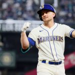 SEATTLE, WASHINGTON - OCTOBER 03: Kyle Seager #15 of the Seattle Mariners reacts after flying out during the third inning against the Los Angeles Angels at T-Mobile Park on October 03, 2021 in Seattle, Washington. (Photo by Steph Chambers/Getty Images)