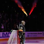 LAS VEGAS, NEVADA - OCTOBER 12: Robin Lehner #90 of the Vegas Golden Knights is introduced prior to the start of the first period against the Seattle Kraken before the Kraken's inaugural regular-season game at T-Mobile Arena on October 12, 2021 in Las Vegas, Nevada. (Photo by Ethan Miller/Getty Images)