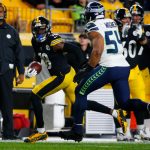 PITTSBURGH, PENNSYLVANIA - OCTOBER 17: Diontae Johnson #18 of the Pittsburgh Steelers rushes ahead of Bobby Wagner #54 of the Seattle Seahawks during the second quarter at Heinz Field on October 17, 2021 in Pittsburgh, Pennsylvania. (Photo by Justin K. Aller/Getty Images)