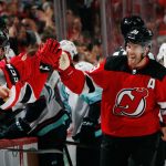 NEWARK, NEW JERSEY - OCTOBER 19: Damon Severson #28 of the New Jersey Devils celebrates his goal against the Seattle Kraken during the first period at the Prudential Center on October 19, 2021 in Newark, New Jersey. (Photo by Bruce Bennett/Getty Images)