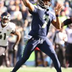 SEATTLE, WASHINGTON - OCTOBER 31: Geno Smith #7 of the Seattle Seahawks throws the ball during the second quarter against the Jacksonville Jaguars at Lumen Field on October 31, 2021 in Seattle, Washington. (Photo by Abbie Parr/Getty Images)