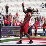 
              Maryland running back Tayon Fleet-Davis reacts after scoring a touchdown run against Indiana during the first half of an NCAA college football game, Saturday, Oct. 30, 2021, in College Park, Md. (AP Photo/Julio Cortez)
            