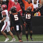 
              Oregon State wide receiver Anthony Gould (15) celebrates after scoring a touchdown during the first half of the team's NCAA college football game against Utah on Saturday, Oct. 23, 2021, in Corvallis, Ore. (AP Photo/Amanda Loman)
            