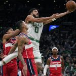 
              Boston Celtics forward Jayson Tatum (0) drives to the basket against the Washington Wizards during the first half of an NBA basketball game, Wednesday, Oct. 27, 2021, in Boston. (AP Photo/Charles Krupa)
            