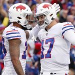 
              Buffalo Bills wide receiver Gabriel Davis, left, is congratulated by quarterback Josh Allen (17) after his touchdown during the second half of an NFL football game against the Miami Dolphins, Sunday, Oct. 31, 2021, in Orchard Park, N.Y. (AP Photo/Jeffrey T. Barnes)
            