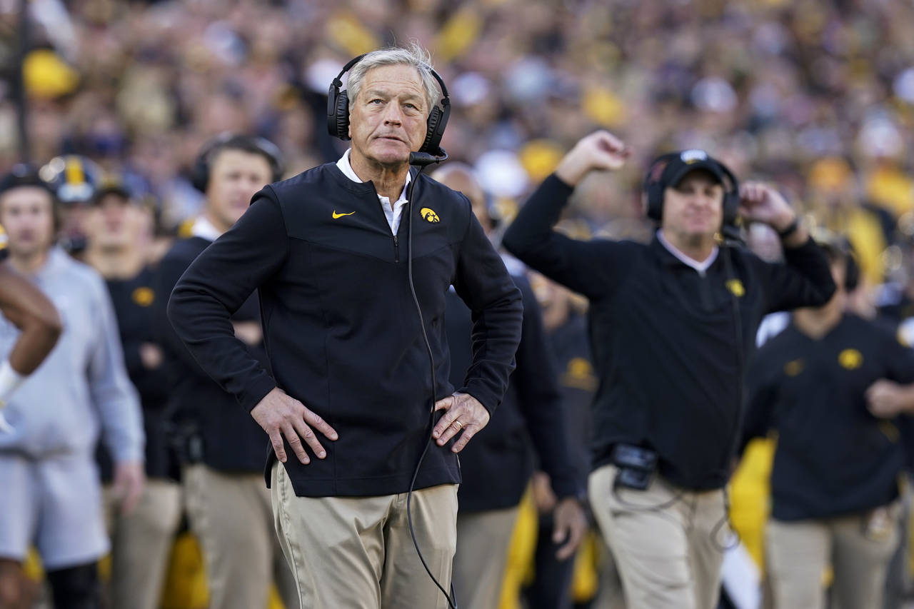 Iowa head coach Kirk Ferentz watches from the sideline during the second half of an NCAA college fo...