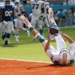 
              Miami Dolphins tight end Mike Gesicki (88) falls into the end zone to score a touchdown during the second half of an NFL football game against the Indianapolis Colts, Sunday, Oct. 3, 2021, in Miami Gardens, Fla. (AP Photo/Lynne Sladky)
            