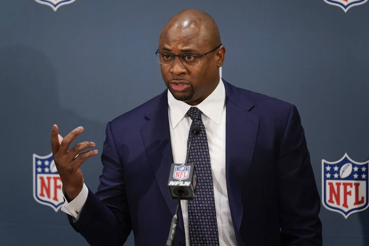 Troy Vincent, Executive Vice President of Football Operations at the NFL, speaks to reporters durin...