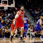 
              New Orleans Pelicans center Jonas Valanciunas (17) reacts after hitting a three point basket against the New York Knicks in the first quarter of an NBA basketball game in New Orleans, Saturday, Oct. 30, 2021. (AP Photo/Derick Hingle)
            