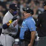 
              Houston Astros manager Dusty Baker Jr. (12) points to the foul line while arguing with home plate umpire Tom Hallion in the fourth inning during Game 3 of a baseball American League Division Series Sunday, Oct. 10, 2021, in Chicago. (AP Photo/Nam Y. Huh)
            