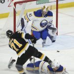 
              Buffalo Sabres goaltender Craig Anderson (41) prepares to block a shot by Boston Bruins left wing Taylor Hall (71) during the third period of an NHL hockey game Friday, Oct. 22, 2021, in Buffalo, N.Y. (AP Photo/Joshua Bessex)
            