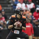 
              Oregon State quarterback Chance Nolan looks for a receiver during the first half of the team's NCAA college football game against Utah on Saturday, Oct. 23, 2021, in Corvallis, Ore. (AP Photo/Amanda Loman)
            